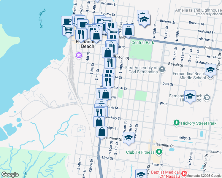 map of restaurants, bars, coffee shops, grocery stores, and more near 423 South 9th Street in Fernandina Beach