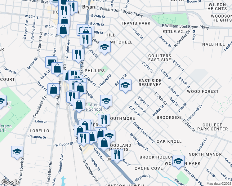 map of restaurants, bars, coffee shops, grocery stores, and more near 609 South Ennis Street in Bryan