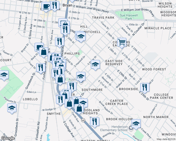 map of restaurants, bars, coffee shops, grocery stores, and more near 611 South Ennis Street in Bryan