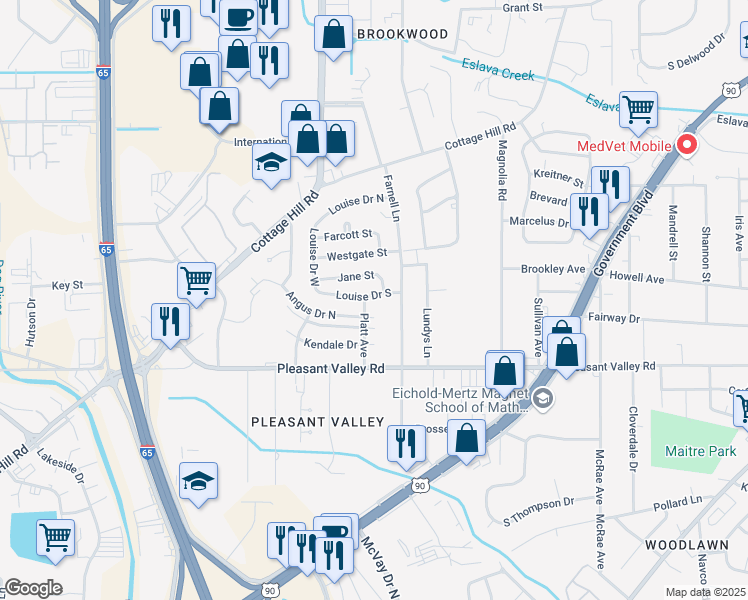map of restaurants, bars, coffee shops, grocery stores, and more near 3053 Louise Drive South in Mobile