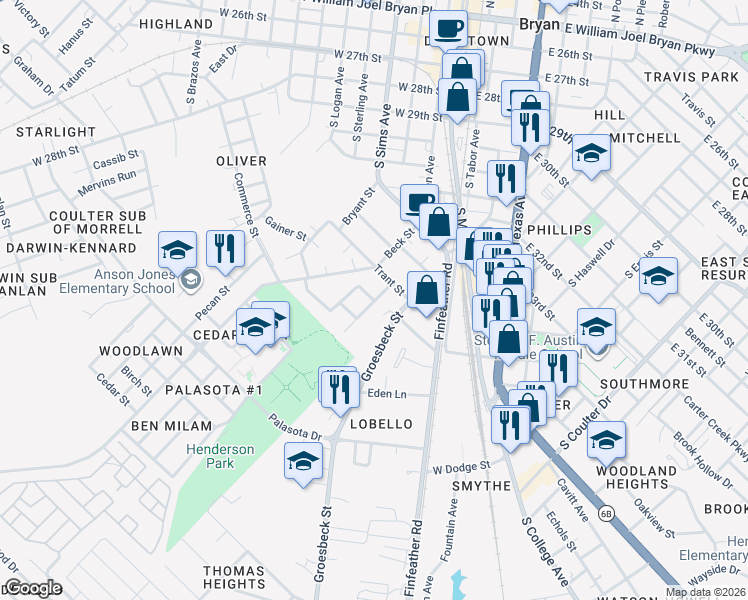 map of restaurants, bars, coffee shops, grocery stores, and more near 901 Sunset Street in Bryan