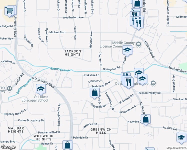 map of restaurants, bars, coffee shops, grocery stores, and more near 4109 Yorkshire Lane in Mobile