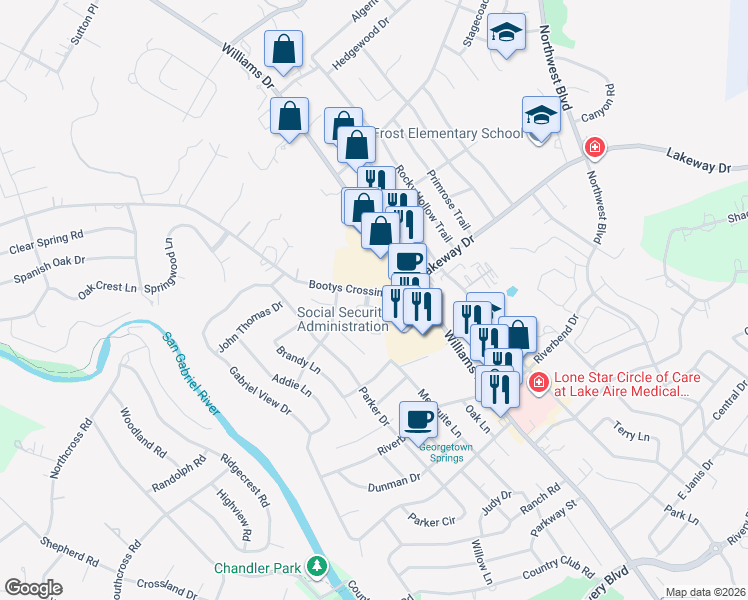 map of restaurants, bars, coffee shops, grocery stores, and more near 222 Village Dr in Georgetown