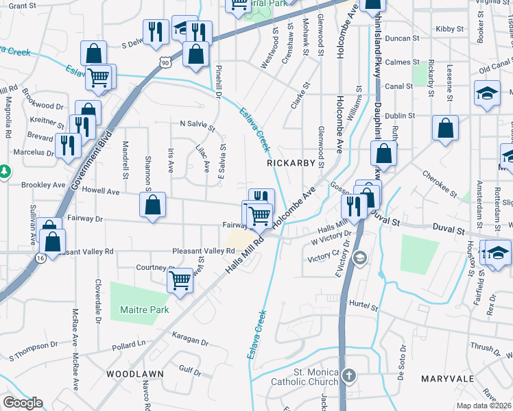 map of restaurants, bars, coffee shops, grocery stores, and more near 735 Jemison Street in Mobile