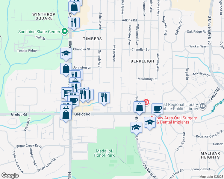 map of restaurants, bars, coffee shops, grocery stores, and more near 1200 McNeil Avenue in Mobile