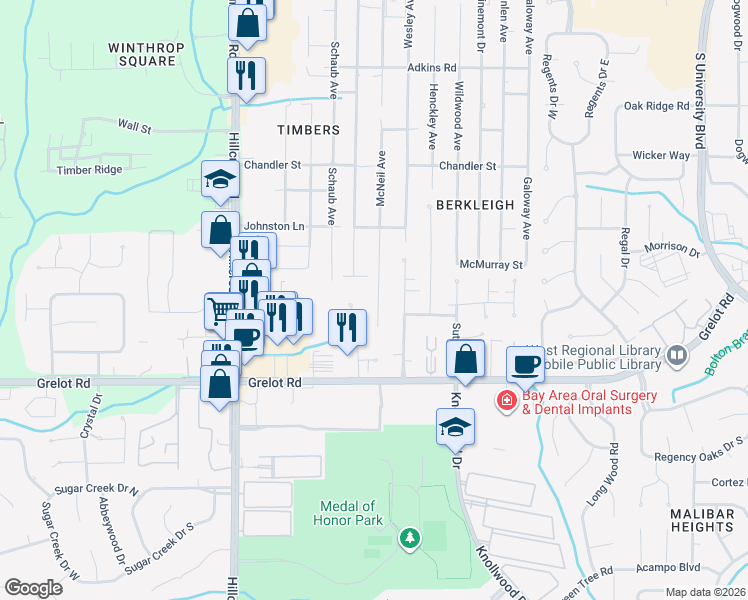 map of restaurants, bars, coffee shops, grocery stores, and more near 1204 McNeil Avenue in Mobile