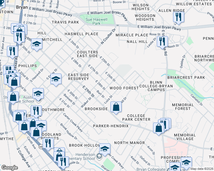 map of restaurants, bars, coffee shops, grocery stores, and more near 108 S Brewer Dr in Bryan