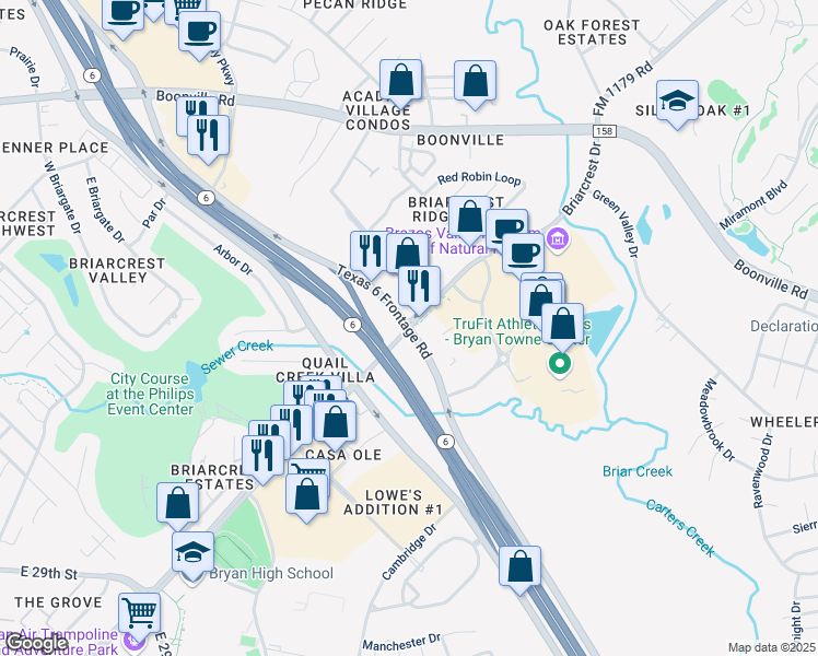map of restaurants, bars, coffee shops, grocery stores, and more near 3300 Texas 6 Frontage Road in Bryan
