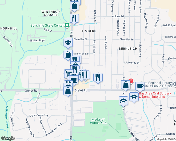map of restaurants, bars, coffee shops, grocery stores, and more near 6150 Omni Park Drive in Mobile