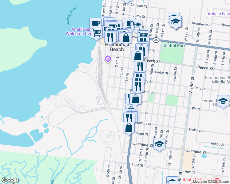 map of restaurants, bars, coffee shops, grocery stores, and more near 514 South 4th Street in Fernandina Beach