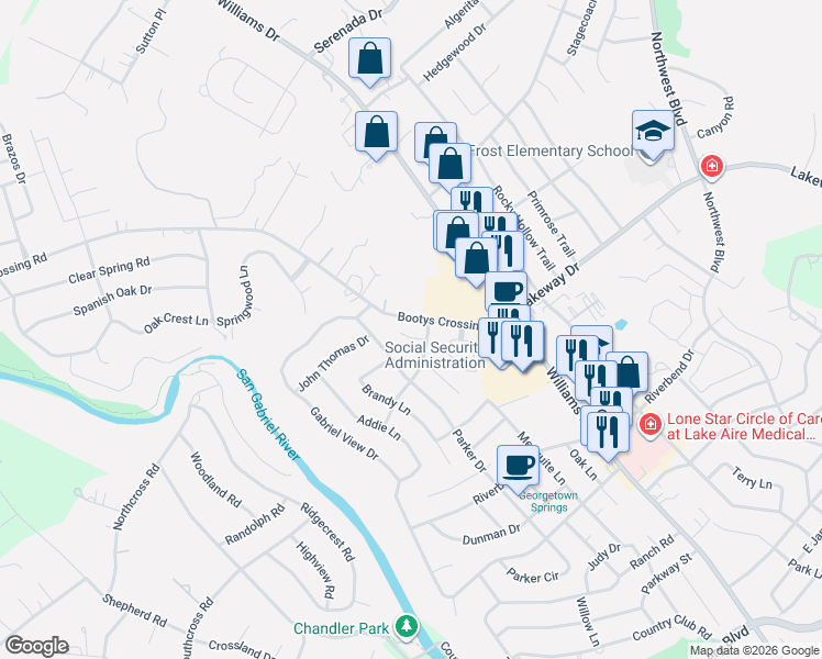map of restaurants, bars, coffee shops, grocery stores, and more near 106 Stacey Cove in Georgetown