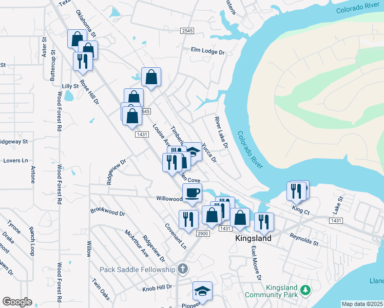 map of restaurants, bars, coffee shops, grocery stores, and more near 308 Yucca Dr in Kingsland