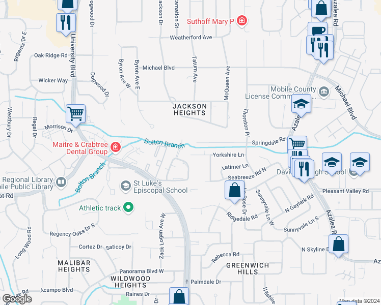 map of restaurants, bars, coffee shops, grocery stores, and more near 4158 Yorkshire Lane in Mobile