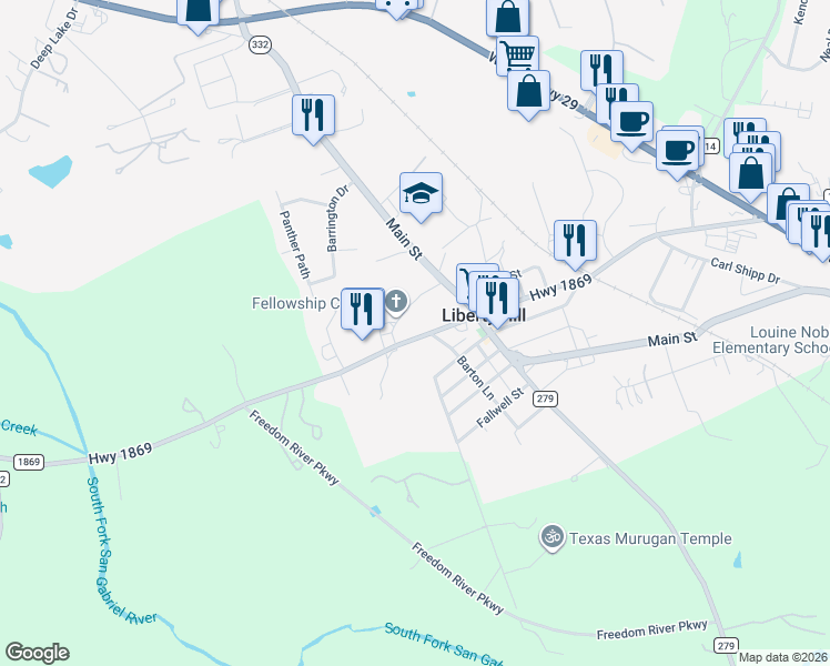 map of restaurants, bars, coffee shops, grocery stores, and more near in Liberty Hill