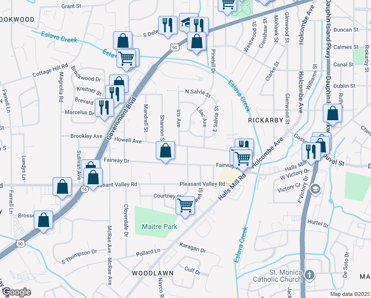 map of restaurants, bars, coffee shops, grocery stores, and more near 2401 Howell Avenue in Mobile