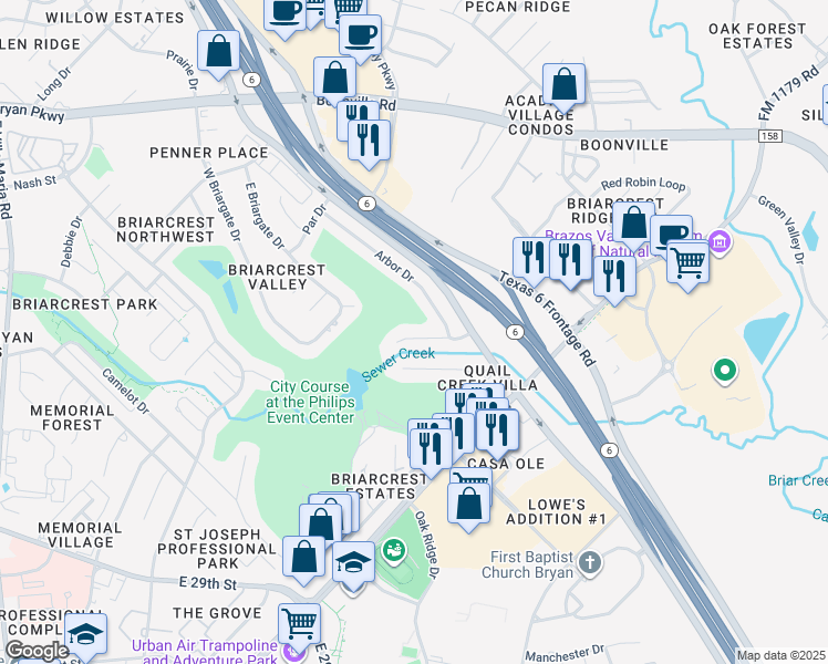 map of restaurants, bars, coffee shops, grocery stores, and more near 2708 Apple Creek Circle in Bryan
