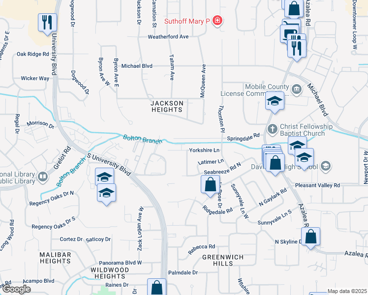map of restaurants, bars, coffee shops, grocery stores, and more near 4128 Yorkshire Lane in Mobile