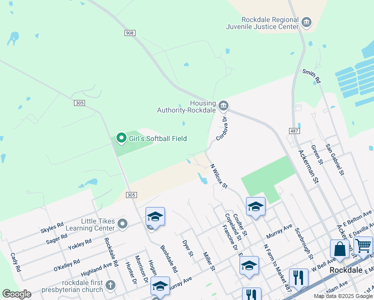 map of restaurants, bars, coffee shops, grocery stores, and more near 965 North Wilcox Street in Rockdale