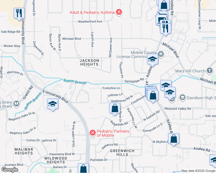 map of restaurants, bars, coffee shops, grocery stores, and more near 4116 Yorkshire Lane in Mobile