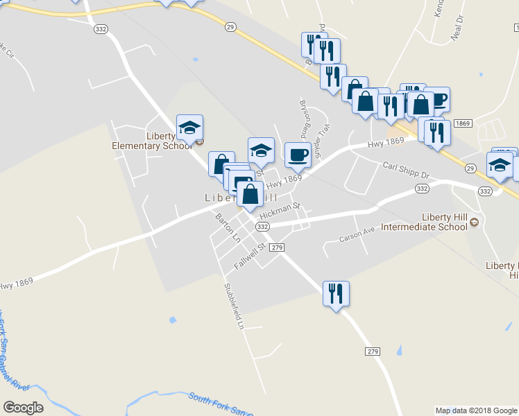 map of restaurants, bars, coffee shops, grocery stores, and more near 106 East Myrtle Lane in Liberty Hill