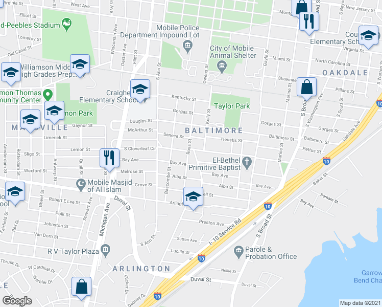 map of restaurants, bars, coffee shops, grocery stores, and more near 1153 Ross Street in Mobile