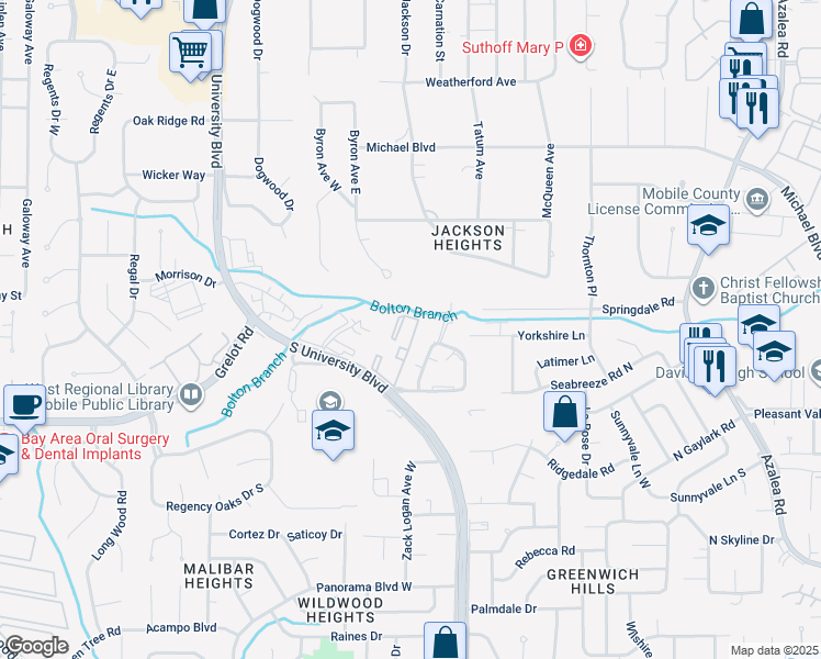 map of restaurants, bars, coffee shops, grocery stores, and more near 833 South University Boulevard in Mobile