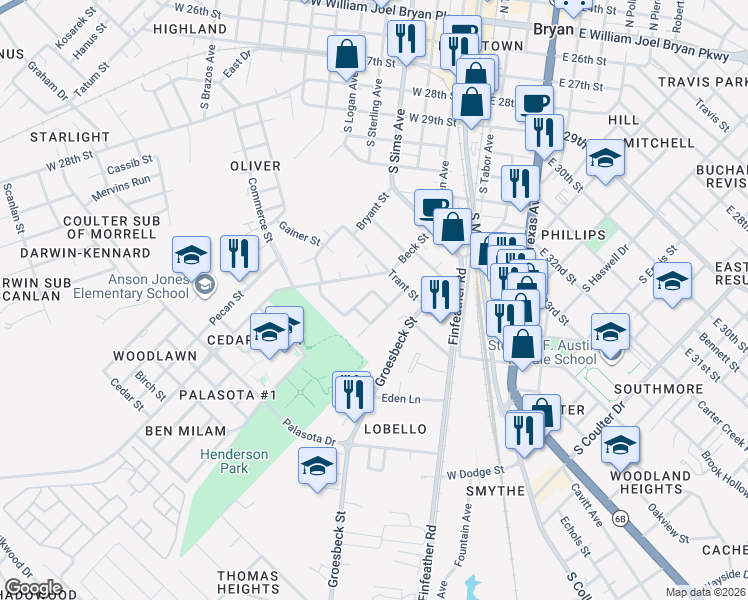 map of restaurants, bars, coffee shops, grocery stores, and more near 205 Lock Lane in Bryan