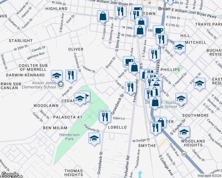 map of restaurants, bars, coffee shops, grocery stores, and more near 205 Lock Lane in Bryan