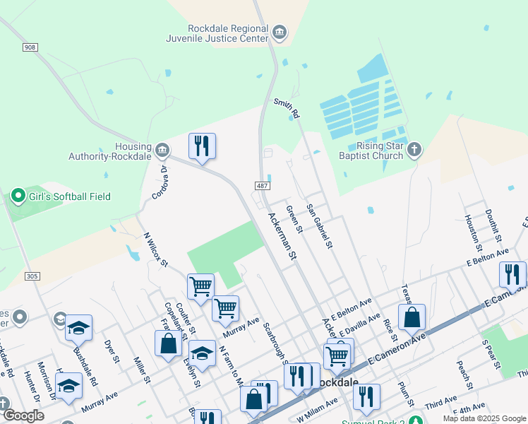 map of restaurants, bars, coffee shops, grocery stores, and more near 906 Ackerman Street in Rockdale
