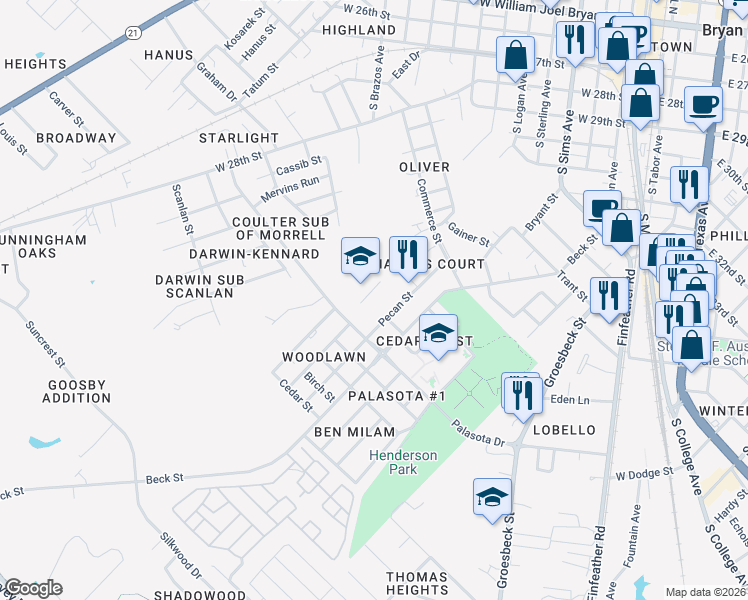 map of restaurants, bars, coffee shops, grocery stores, and more near 1400 Pecan Street in Bryan