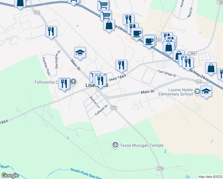 map of restaurants, bars, coffee shops, grocery stores, and more near 114 East Myrtle Lane in Liberty Hill