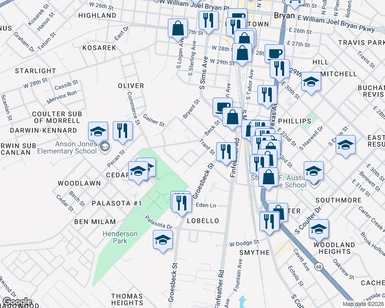 map of restaurants, bars, coffee shops, grocery stores, and more near 205 Lock Lane in Bryan