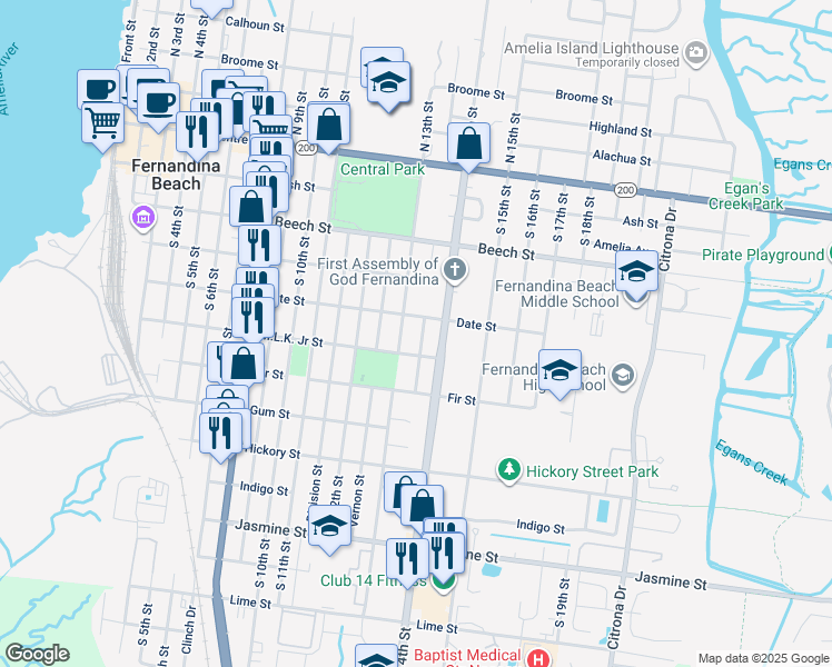 map of restaurants, bars, coffee shops, grocery stores, and more near 415 South 13th Terrace in Fernandina Beach