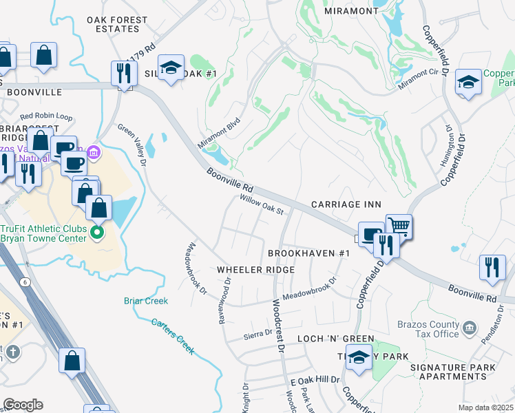 map of restaurants, bars, coffee shops, grocery stores, and more near 4121 Meadowwood Drive in Bryan