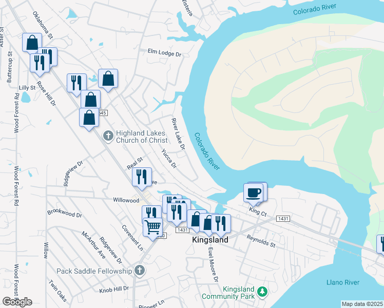 map of restaurants, bars, coffee shops, grocery stores, and more near 507 River Lake Drive in Kingsland