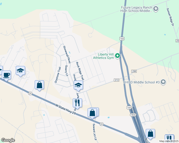 map of restaurants, bars, coffee shops, grocery stores, and more near 125 Flexus Lane in Liberty Hill