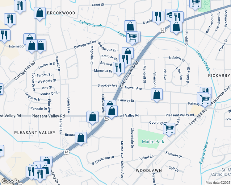 map of restaurants, bars, coffee shops, grocery stores, and more near 2701 Mauvilla Drive in Mobile