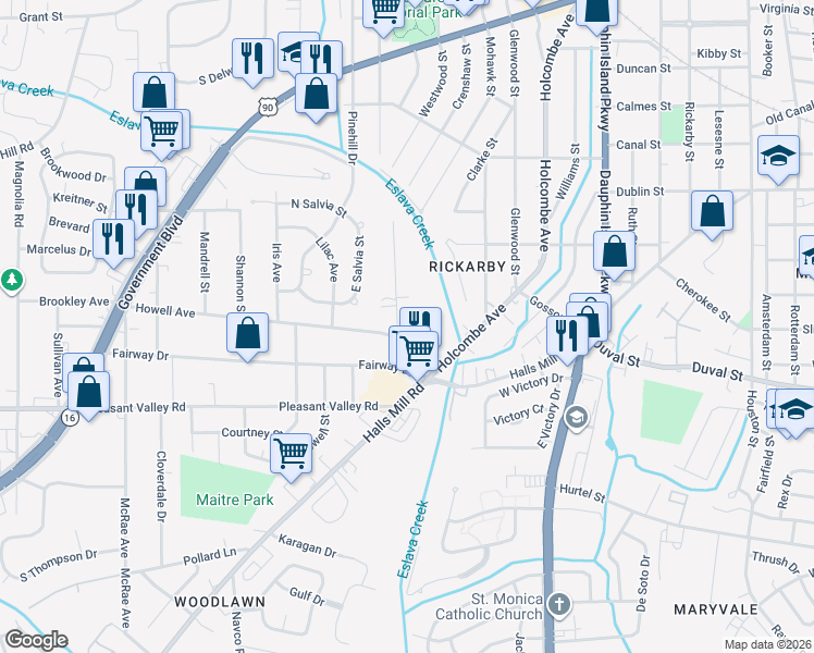 map of restaurants, bars, coffee shops, grocery stores, and more near 735 Jemison Street in Mobile