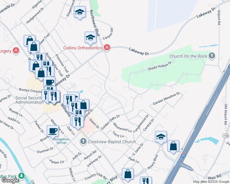 map of restaurants, bars, coffee shops, grocery stores, and more near 422 Northwood Drive in Georgetown