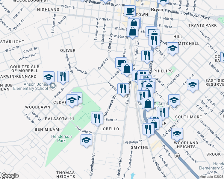 map of restaurants, bars, coffee shops, grocery stores, and more near 901 Sunset Street in Bryan