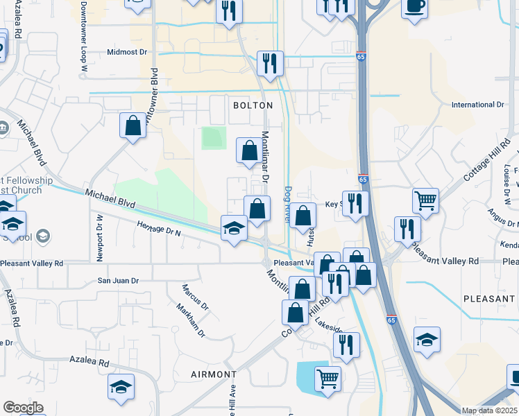 map of restaurants, bars, coffee shops, grocery stores, and more near 1246 Montlimar Dr in Mobile