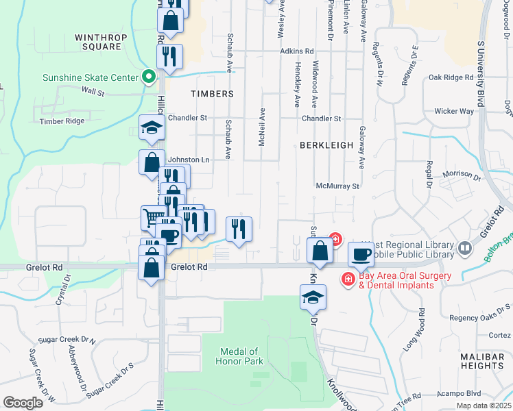 map of restaurants, bars, coffee shops, grocery stores, and more near 1200 McNeil Avenue in Mobile