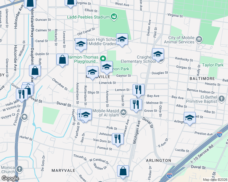 map of restaurants, bars, coffee shops, grocery stores, and more near 1565 Lemon Street in Mobile