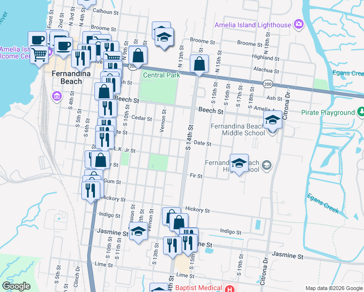 map of restaurants, bars, coffee shops, grocery stores, and more near 412 South 13th Terrace in Fernandina Beach