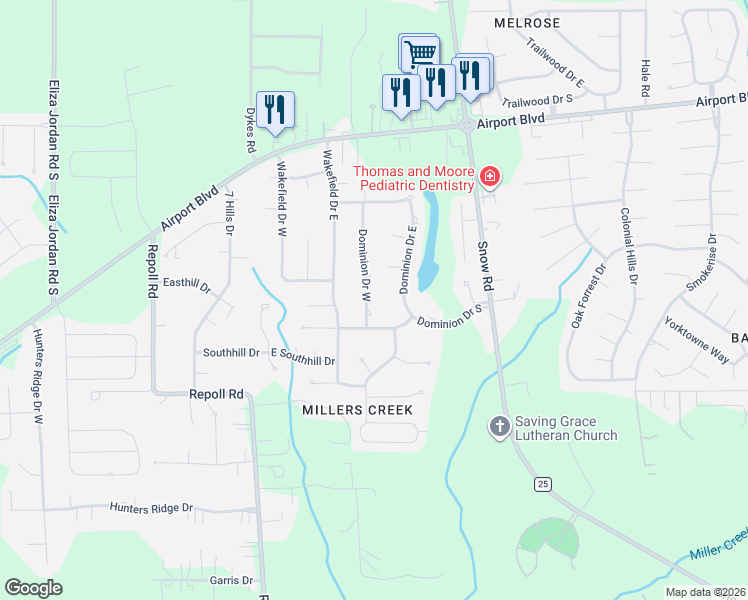 map of restaurants, bars, coffee shops, grocery stores, and more near 1243 Dominion Drive West in Mobile