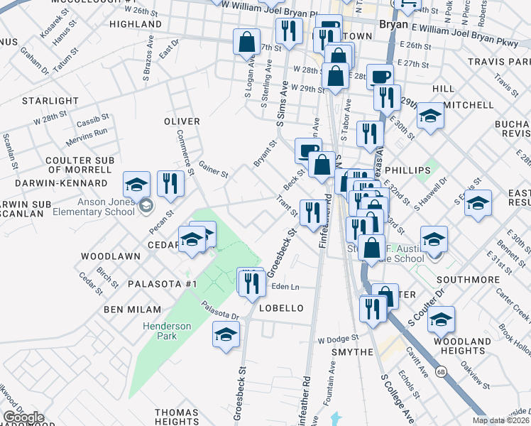 map of restaurants, bars, coffee shops, grocery stores, and more near 205 Lock Lane in Bryan