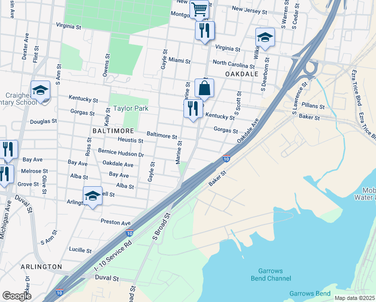 map of restaurants, bars, coffee shops, grocery stores, and more near 1102 South Broad Street in Mobile