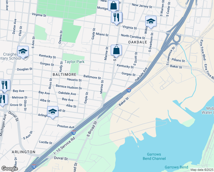 map of restaurants, bars, coffee shops, grocery stores, and more near 1102 South Broad Street in Mobile