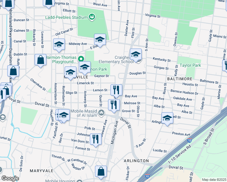 map of restaurants, bars, coffee shops, grocery stores, and more near 1150 Partridge Street in Mobile