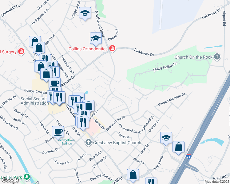 map of restaurants, bars, coffee shops, grocery stores, and more near 422 Northwood Drive in Georgetown